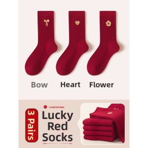 Red Lucky Socks Womens Spring Autumn 3 Pairs