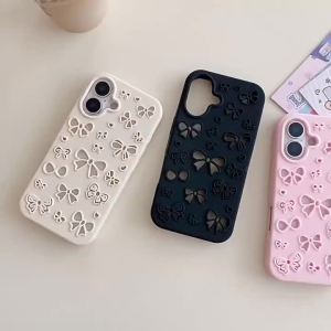 Korean Hollow Out Bowknot Solid Color Soft Silicone Phone Case For iPhone 16 Plus 15 14 13 Pro Max Shockproof Protective Cover