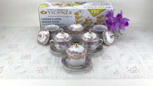 VICENZA Cangkir + Tutup Keramik Motif Magnolia / 6 Pasang Cangkir Y-85
