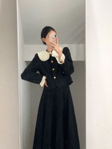 Fashionable Short Coat And Half Skirt Set for Women with Doll Collar Long Sleeves High Waist Autumn 2023 New Arrival Elegant Style