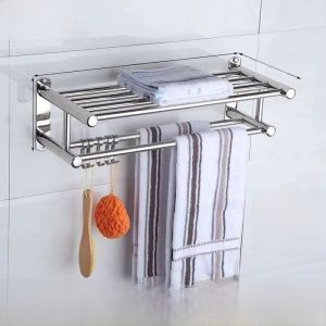 Bathroom Towel Rack 304 Stainless Steel Wall Mounted No Drilling Hotel Toilet Storage Shelf Bathroom Accessories Solid Type