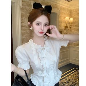 Áo Sơ Mi Cổ Dây Ruy Băng Tay Ngắn Màu Trắng