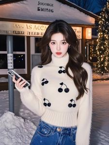 WANGGONGZHU | Womens High Collar Printed Knitted Base Shirt Autumn Winter Inner Wear Princess Style Commute Fashion Long Sleeve Warm Sweater