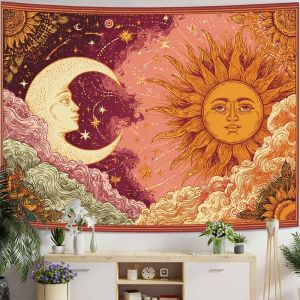 VIKAMA Vintage Sun Moon Face Starry Sky Wall Tapestry Pink Orange Tarot Celestial Cloud Floral Border Bohemian Bedroom Living