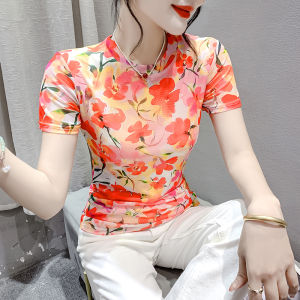 Rehin mùa hè mới phong cách retro in hoa Lưới Cổ Tròn Áo phông ngắn tay Slim-Fit Chic thanh lịch hàng đầu của phụ nữ