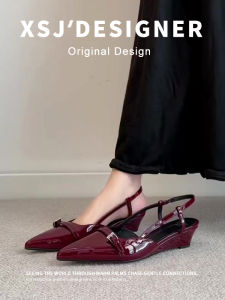 French Style Soft Patent Leather Pointed Toe Wedge Sandals