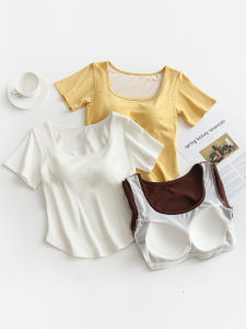 Womens Short Sleeve T-shirt with Integrated Chest Pad Summer Style One-piece Viscose Fiber Polyurethane Elastic Fiber