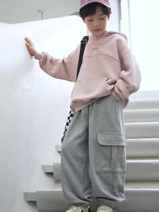 New Cargo Sweatpants Kids Boys for 7-16Yrs Loose Jogger Pants Multi Pocket Pants Cotton Thick Soft High Waist Baggy Pants Fashion Casual Wide Leg Trouser 130-160CM