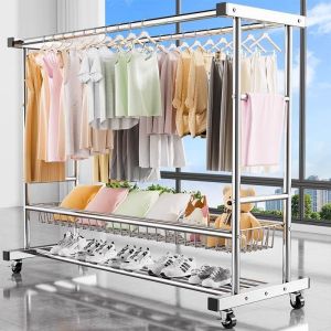 IDEAL ราวตากผ้าเหล็กชุบสังกะสี ราวแขวนเสื้อผ้า ราวแขวนผ้า 150cm-180cm มาพร้อมล้อเลื่อน มีตะกร้า รองรับได้ 200 กก.