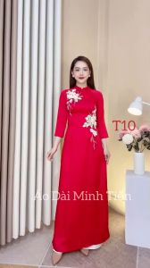 Áo Dài Lụa Tây Thi Cao Cấp Họa Tiết Thêu Ruy Băng Thủ Công Tỉ Mỉ - Mã T10 Đỏ