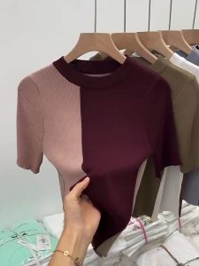Summer Womens Fashion Loose Knitted Retro Color Block Simple and Western Versatile Round Neck Short Sleeve T-shirt