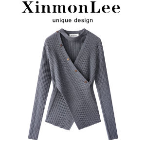 XinmonLee V-Neck Pure Color Knitted Sweater Slim Fit Autumn Winter Cross Splicing Base Layer Sweater Inner Wear Korean Style
