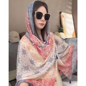 Summer Thin Silk Scarf Womens Multi-Functional Beachside Travel Air Conditioned Room Scarf Korean Style Cotton Geometric Pattern