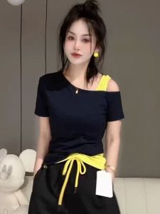 Áo Thun Tay Ngắn Ôm Vừa Vặn Mùa Hè Cho Nữ Áo Chui Đầu Cổ Chữ V Áo Hai Mảnh Chất Liệu Cotton Phong Cách Hàn Quốc Dáng Ôm