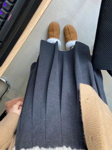 Elegant Grey Woolen Plaid Skirt Womens Spring Autumn Thickened Half-length High-waist Slimming Midi A-line Skirt