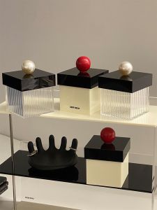 Creative Minimalist Red Ball Pearl Cotton Swab Cotton Puff Box Acrylic Storage Box Stripes Transparent Floss Matchbox