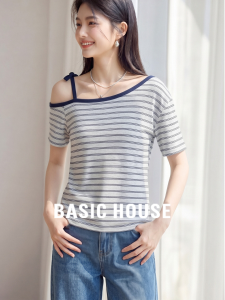 Basic House | Striped Off-Shoulder Tie T-Shirt
