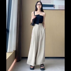 Solid Color Elastic Waist Casual Pants Womens Loose Nine-Point Wide-Leg Pants Slim