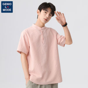 Geniolamode Mens Short Sleeve Shirt Thin Body Fit Summer New Chinese Style Fashionable Stand Collar Design Sensation Polyester Fiber