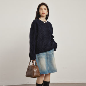 Omont Womens Thickened Knitted Pure Wool Sweater round Neck Loose Fit Autumn Winter New Style Retro Pullover Long Sleeve Top