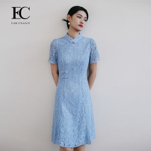 Elegant Lace Cheongsam Style Dress Summer New Chinese National Style Womens Clothing High Waist Short Sleeve Midi Skirt