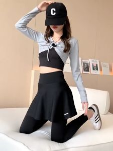 Fongaly 2 in 1 Yoga Celana Sport Wanita Rok Panjang High Waist Jumbo Polos Gym Fitness