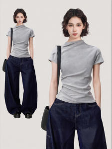 BAIDAIFEI | Gray Half-high Collar Fly Sleeve Straight Shoulder Slim Fitted T-shirt
