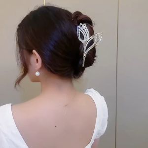 Golden Tulip Pearl Rhinestone Hair Claws Womens Korean Fashion Ponytail Claw Clip for Girls Valentine Gifts