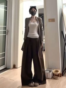 Quần Ống Rộng Cạp Cao Màu Nâu Phong Cách Đơn Giản Cho Nữ Mùa Thu Quần Ống Rộng Thoải Mái Dài Đến Sàn