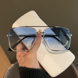 New 2024 Mens Transparent Blue Sunglasses Vintage Double Bridge Driving Travel UV Protection Resin Lens Square Face Suitable