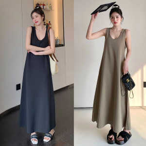 ชุดเดรสยาวคลุมเข่าไซส์ใหญ่ แขนกุด สไตล์ฝรั่งเศส สวมใส่สบาย ชุดเดรสยาวคลุมเข่าสไตล์ A-line เอวสูง