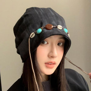 Trendy American Dyed Beaded Womens Hat Face Slimming Autumn Winter New Style Versatile Warm Windproof Fashionable Cap