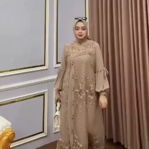 Dress Brokat Ceruty Full Furing Mix Payet Mutiara Mewah Elegan Jumbo 2XL Terbaru 2025 Lebaran Gamis Modern Brukat Wanita Dewasa Gaun Pesta Kekinian Viral Bisa COD