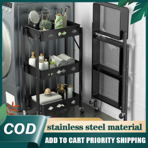 GUGA Kitchen Storage Rack Foldable Kitchen Trolley Stainless Steel Storage Basket Storage Rack Free Installation