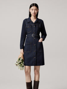 Retro Waist-Cinching Denim Dress Casual Workwear Style A-Line Skirt Long Sleeve Polo Collar Button Detail Cotton Blend Dress