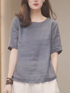 UYFY | Gray Round Neck Half Shirt Womens Casual Style Slimming Artistic Top High Waist Loose Fit Polyester Fiber Summer New Arrival