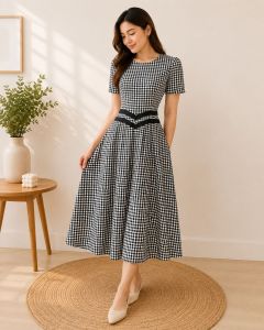 Preloved Gingham Midi Dress (Best Fit: Medium to Large) Round neckline puff sleeves Midi Length