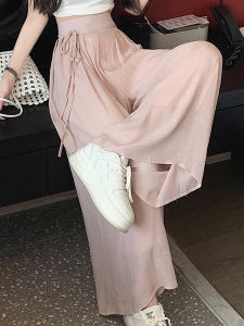 Pink Chiffon Wide-Leg Casual Pants for Women High-Waist Slimming Design Ankle-Length Tape Element Work Clothing Style