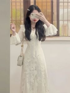 CHANGTONG | French Elegant Lace Fish Tail Dress Loose Sensation Skirt Long Sleeve V Neck A Line Gown Special Charm Spring Season Fashion