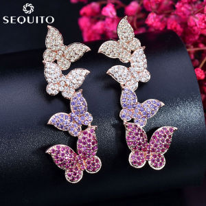 SEQUITO New Designer Stylish Colorful Butterfly Shape Long Drop Earrings Full Micro Pave Tiny CZ Diamond Women Girls Boho Jewelry with 925 Sterling Silver Pins