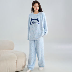 MiiOW | Bộ đồ ngủ lông cừu nửa bên ngoài thoải mái cho nữ mùa thu đông chống tĩnh điện có thể mặc ngoài trời quần áo mặc nhà mềm mại