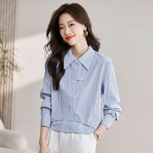 Elegant Blue Striped Womens Shirt Waist Cinching Long Sleeve Cover Belly Spring Autumn New Style Korean Version Loose Fit