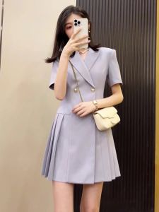 French Style Purple Suit Dress Womens Summer High End Quality Formal Occasion Small Size Gentle Wind Pleated Skirt