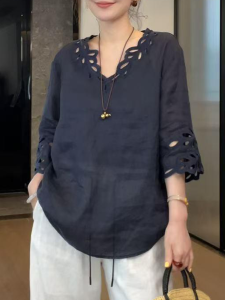 Shalldoer | Fashionable Anti-Uv Hollow Out Lace Design Lightweight Solid Color Simple Womens Shirt Casual Loose Fit Short Sleeve V-Neck