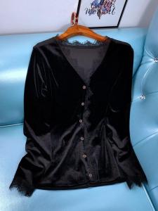 เสื้อคาร์ดิแกนคอวีแขนยาวผ้ากำมะหยี่สีเขียวมะกอก แจ็คเก็ตสั้นผ้าลูกไม้ปะติดปะต่อกันแฟชั่นฤดูใบไม้ร่วง/ฤดูหนาว ใส่ได้ทั้งในและนอก