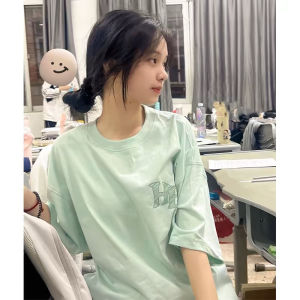 Design Sensation Cotton Short Sleeve T-Shirt Womens Mint Wave Letter Print Sweet Cool Top Trendy Casual Female Clothing