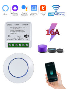 16A/20A RF433Mhz Work With Tuya WiFi Smart Switch Relay Receiver Mini Round Panel Switch Alexa Google Home Alice Voice Control