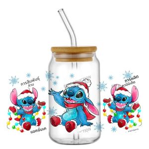 สติกเกอร์ลายใหม่ ดีไซน์ดิสนีย์ สติทช์น่ารัก สุขสันต์วันคริสต์มาส ขนาด 16 ออนซ์ แบบ UV DTF 3D สำหรับตกแต่งแก้ว กระป๋อง ของขวัญงานฝีมือ DIY สุดสร้างสรรค์