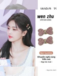 WENZHU | Kẹp Tóc Phong Cách Ngôi Sao Với Nơ Bóng Bẩy Có Mái Xéo Màu Hồng