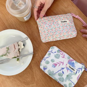 Fresh Small Flower Series Rope Large Capacity Cosmetic Bag Womens Handbag Soft Cotton Casual Zipper Closure Foldable Handheld